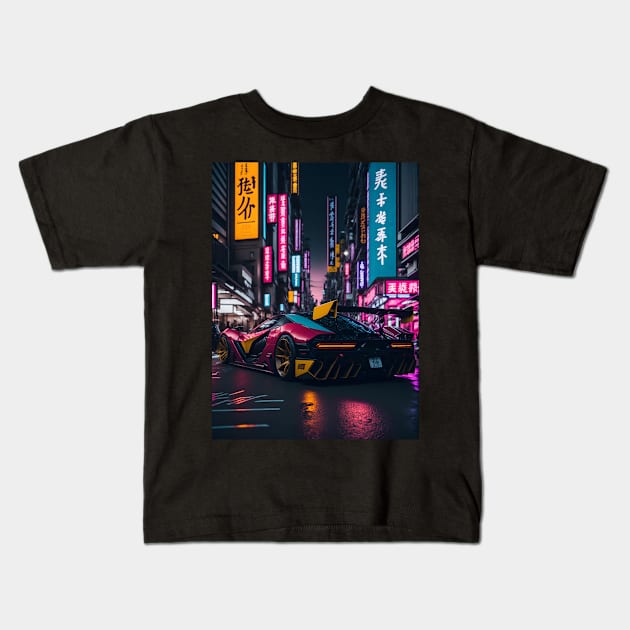 Dark Neon Sports Car in Japanese Neon City Kids T-Shirt by star trek fanart and more